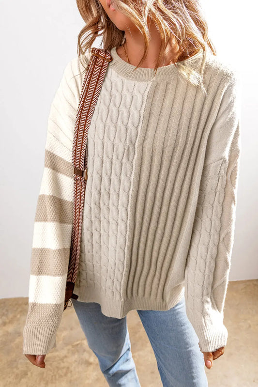 Cable Knit Color Block Crew Neck Sweater-0