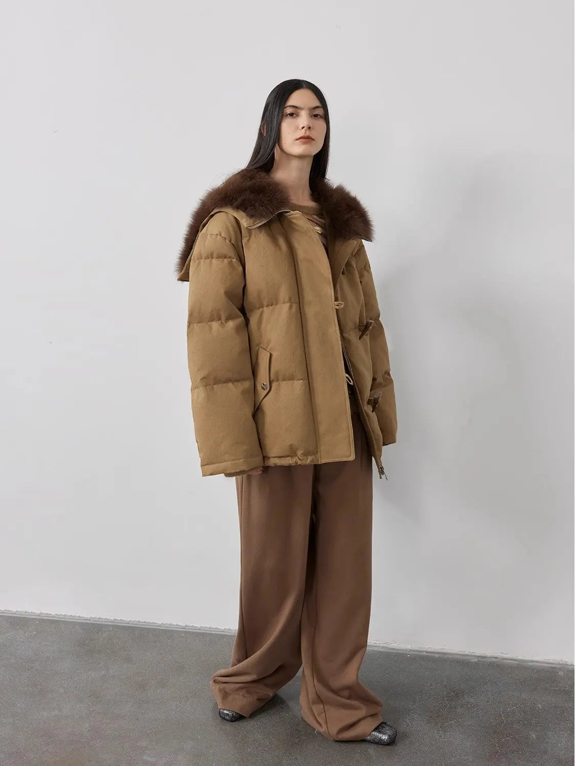 Fireladyfur Women's Down Parka with Fox Fur and Large Lapel“Street Badge”-3