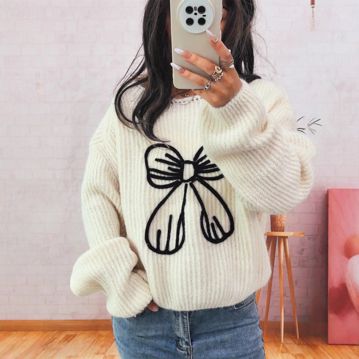 Simple Casual Bow Embroidery Decoration Knitted Long Sleeve Sweater-5