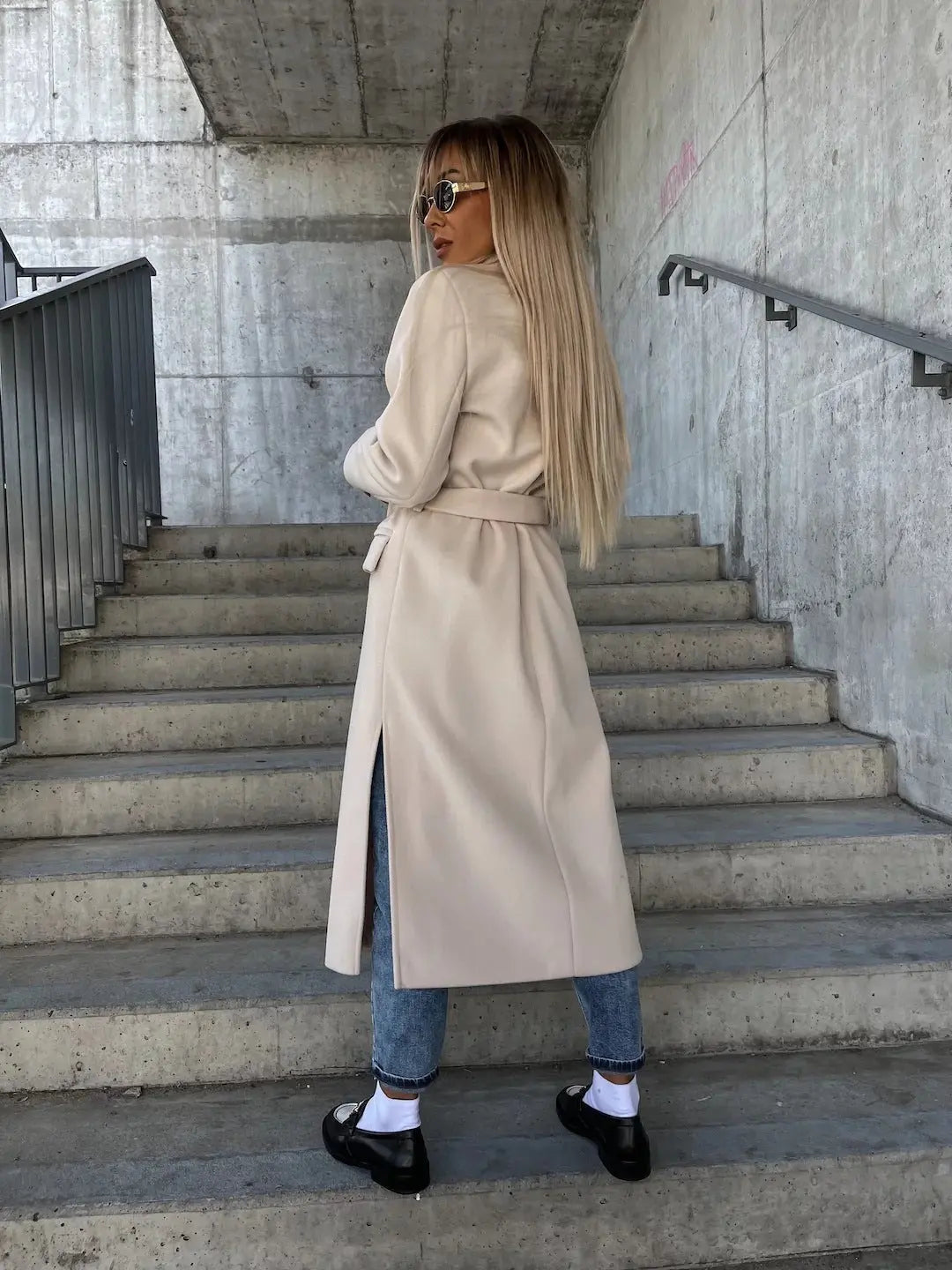 Double-breasted Lapel Split Jacket With Belt Winter Fashion Casual Long Sleeve Button Daily Coats For Women Clothing-3