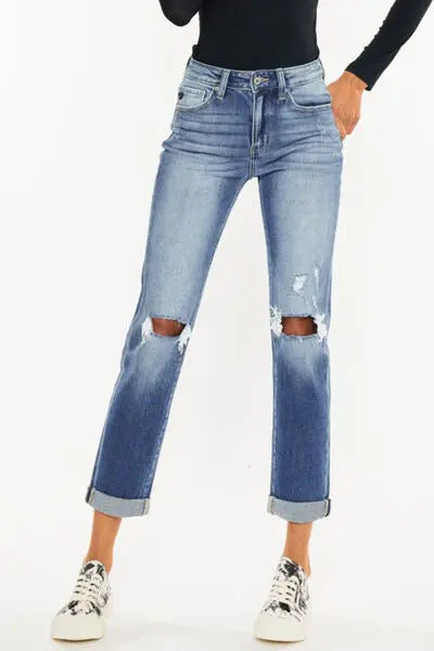 Kancan High Waist Distressed Hem Detail Cropped Straight Jeans-0