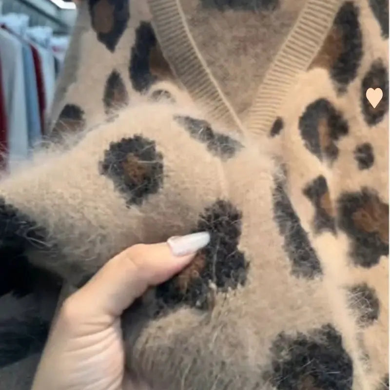 Leopard Print Thick Warm Coat Loose Lazy Knitted Cardigan Sweater-2