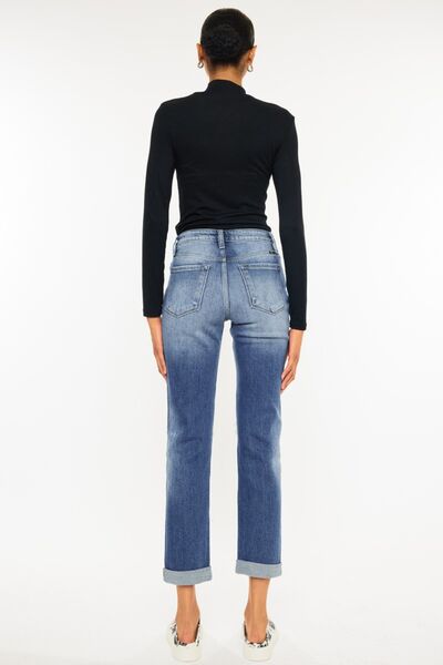Kancan High Waist Distressed Hem Detail Cropped Straight Jeans-2
