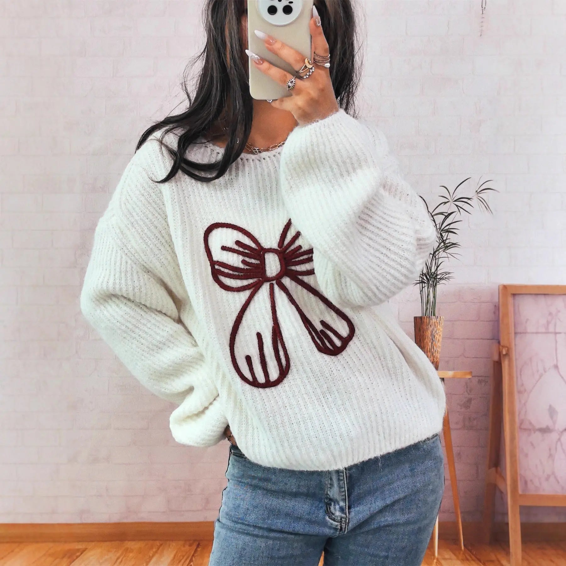 Simple Casual Bow Embroidery Decoration Knitted Long Sleeve Sweater-3