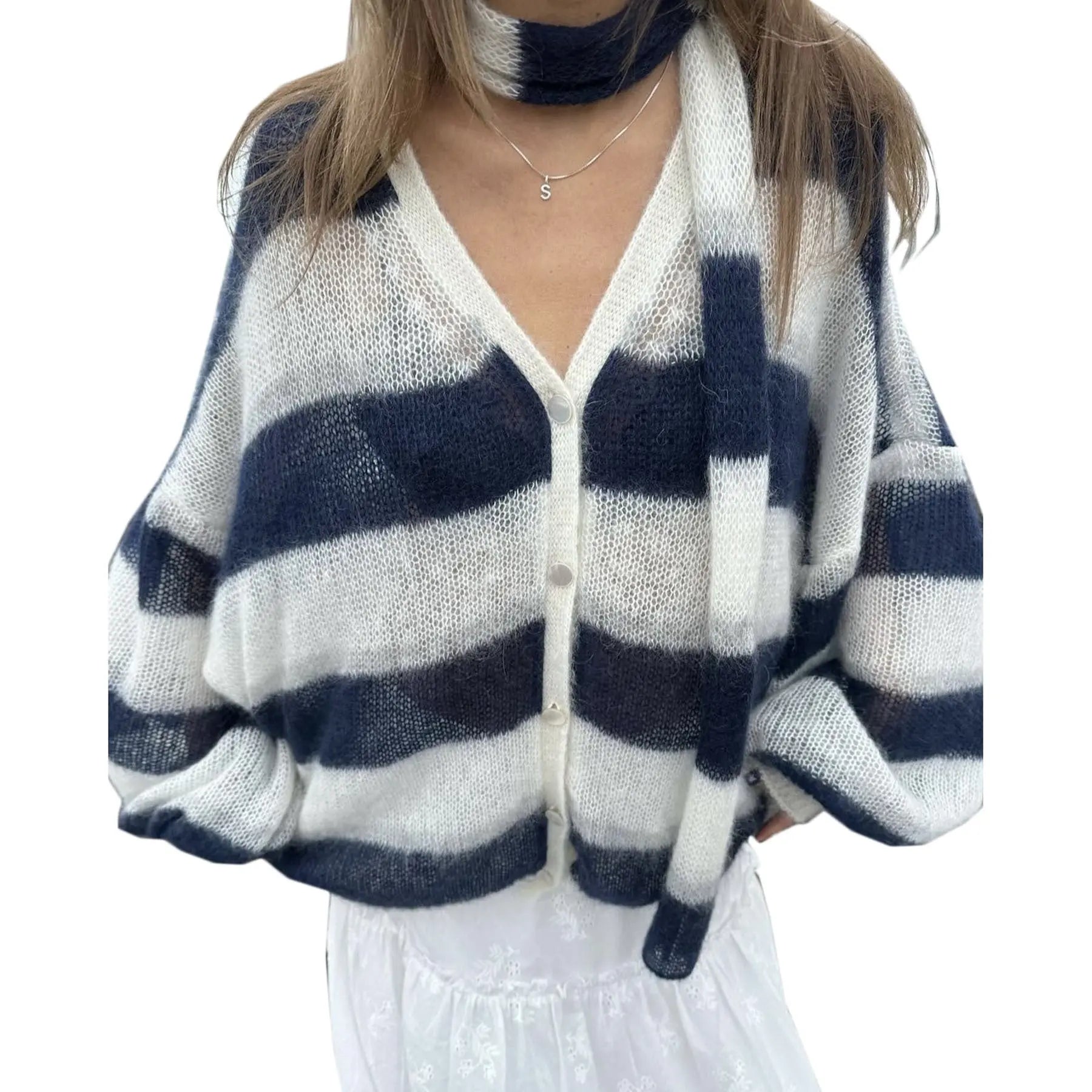 Loose And Idle Striped Sweater Cardigan With Scarf-4