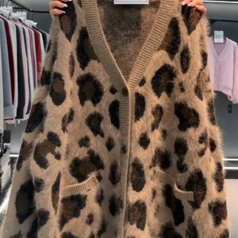 Leopard Print Thick Warm Coat Loose Lazy Knitted Cardigan Sweater-5