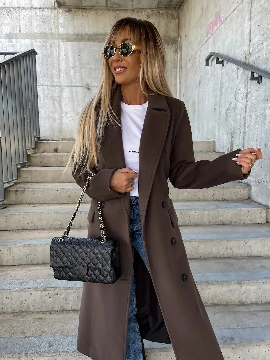 Double-breasted Lapel Split Jacket With Belt Winter Fashion Casual Long Sleeve Button Daily Coats For Women Clothing-6