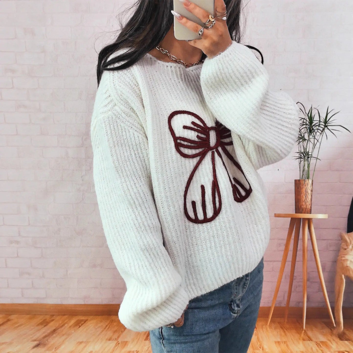 Simple Casual Bow Embroidery Decoration Knitted Long Sleeve Sweater-1