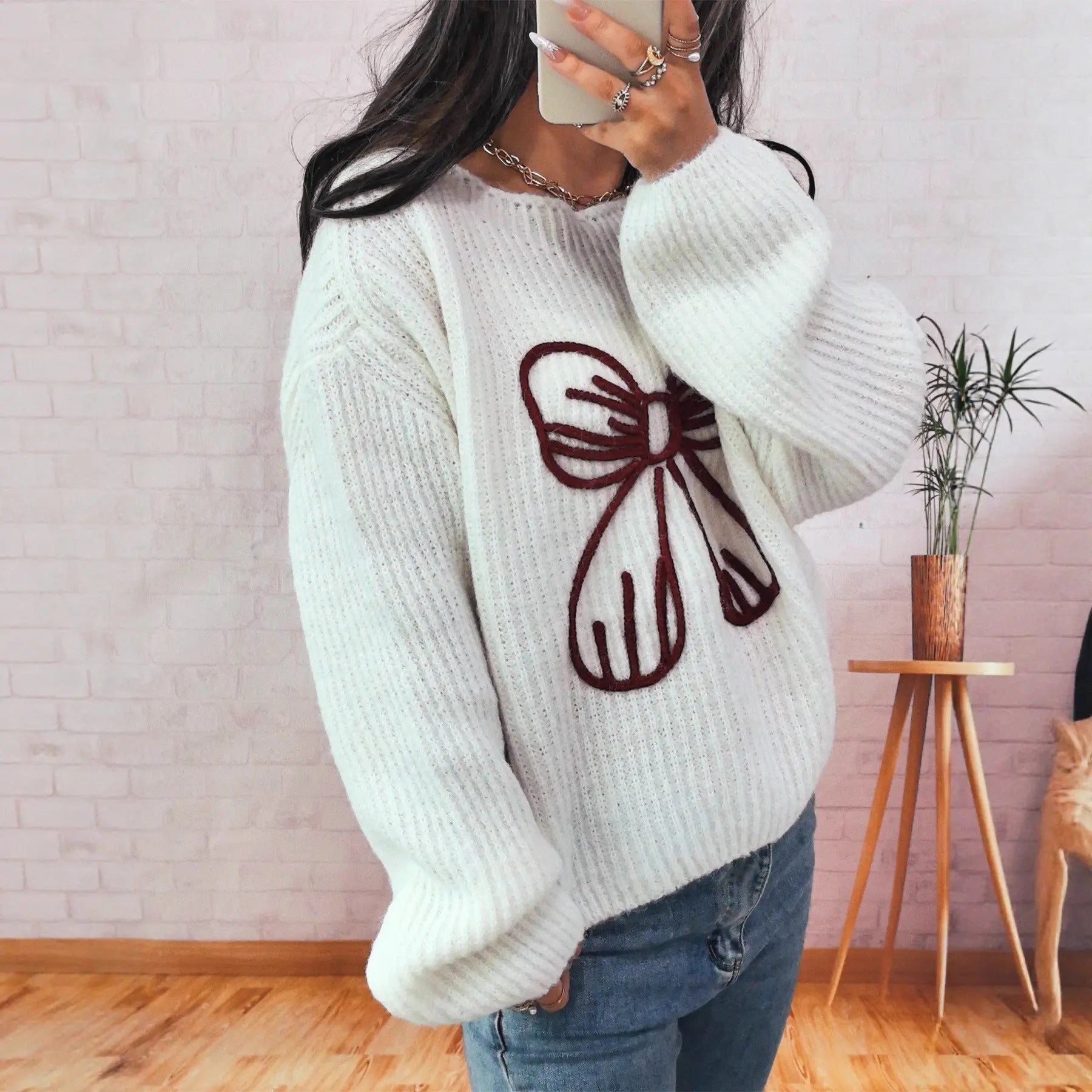 Simple Casual Bow Embroidery Decoration Knitted Long Sleeve Sweater-1