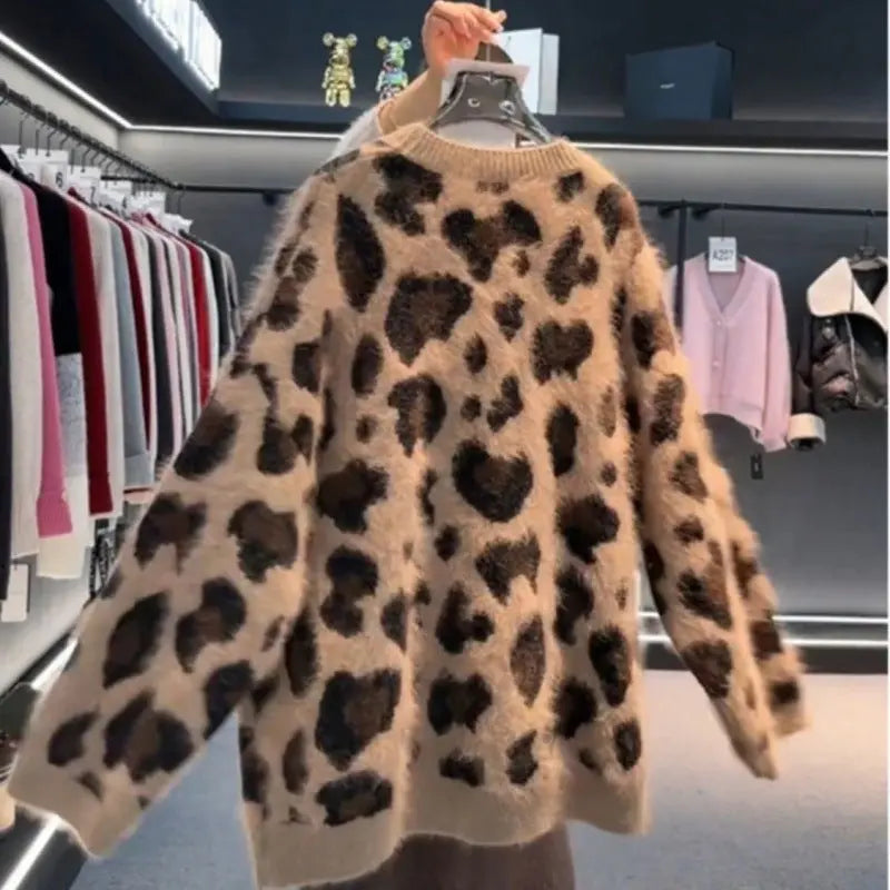 Leopard Print Thick Warm Coat Loose Lazy Knitted Cardigan Sweater-4