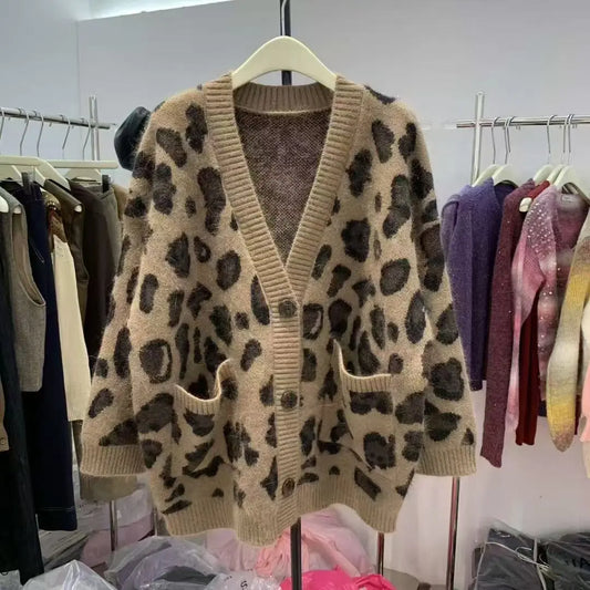 Leopard Print Thick Warm Coat Loose Lazy Knitted Cardigan Sweater-0