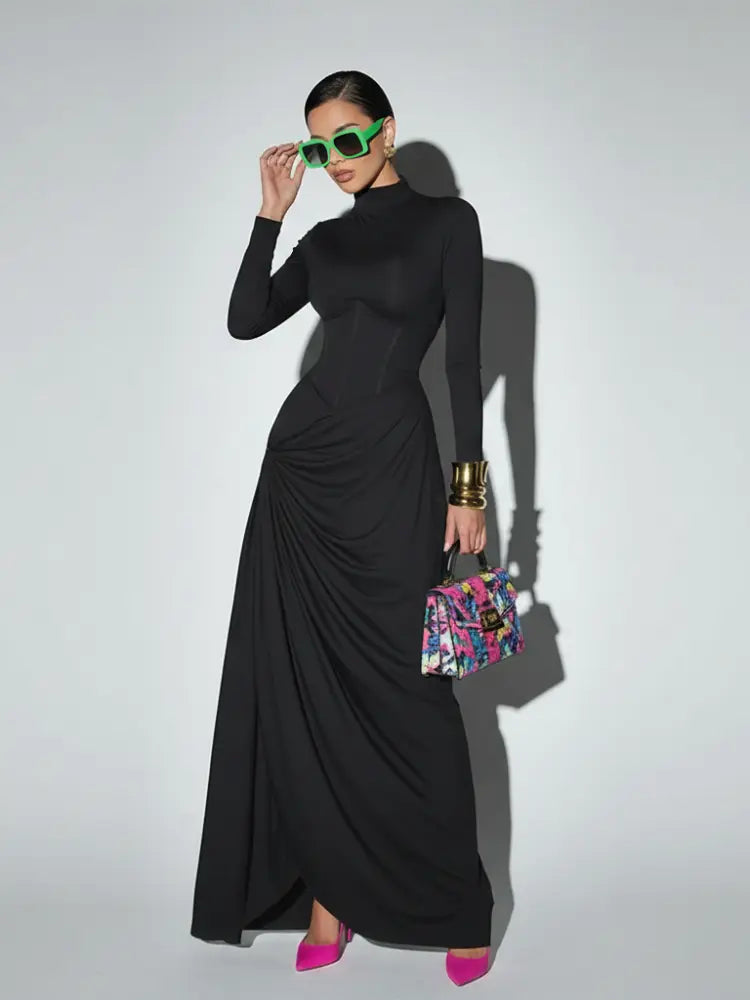 High Neck Waist-Cinched Slit Dress For Women, Elegant, Fifth Avenue, BYMANYC New York.-1