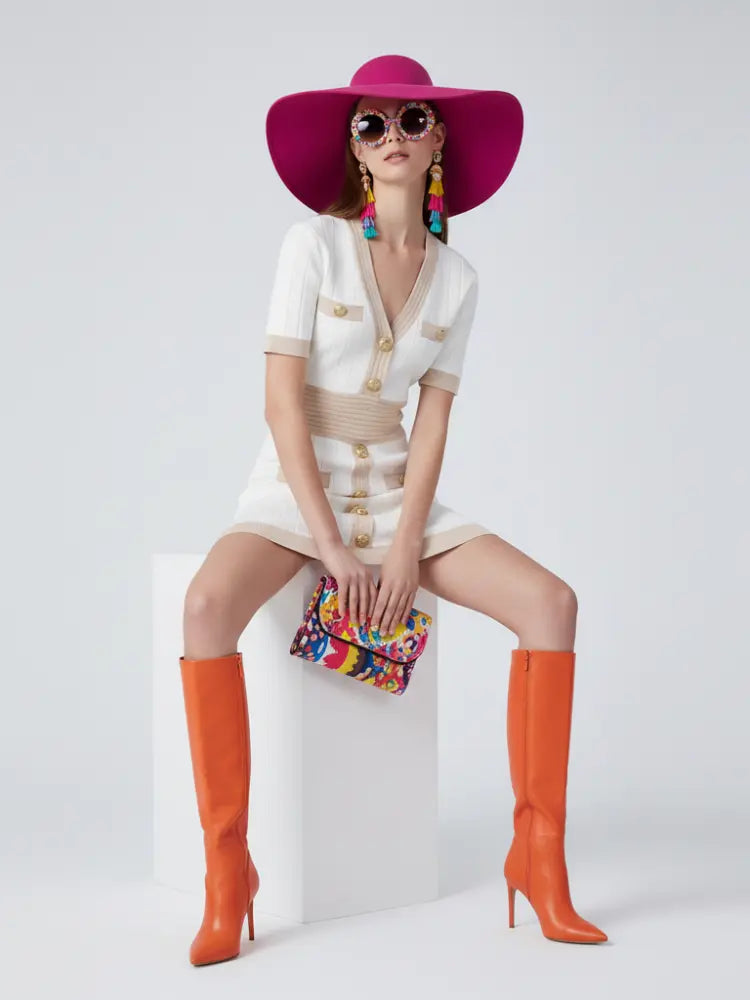 Ice Silk Knit Dress with Gold Buckle For Women, V-Neck, Upper East Side, BYMANYC New York.-1