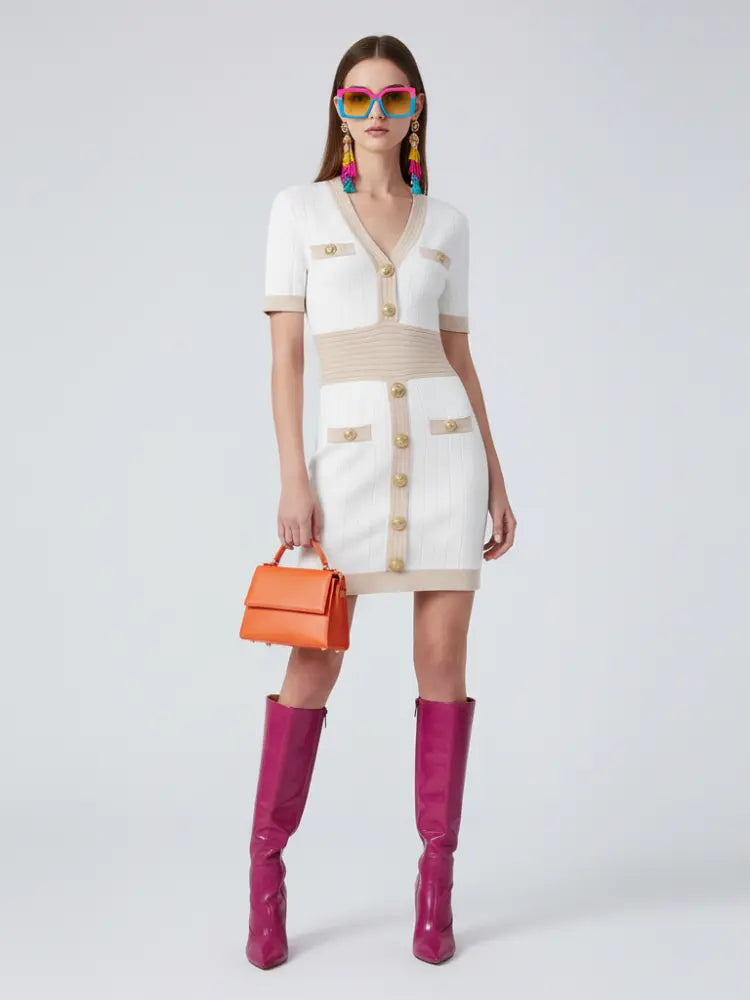 Ice Silk Knit Dress with Gold Buckle For Women, V-Neck, Upper East Side, BYMANYC New York.-0