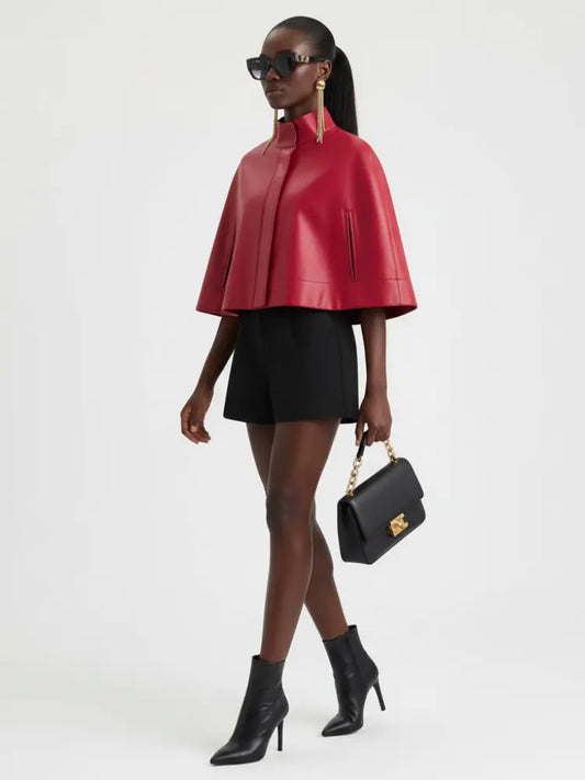 Red Leather-Style Short Cape Jacket For Women, Greenwich Village, BYMANYC New York.-0