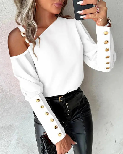 Fashion Lantern Sleeve Button Splicing Shirt Women Elegant Office Commuter O Neck Blouse Female Autumn Spring Daily Casual Tops-1