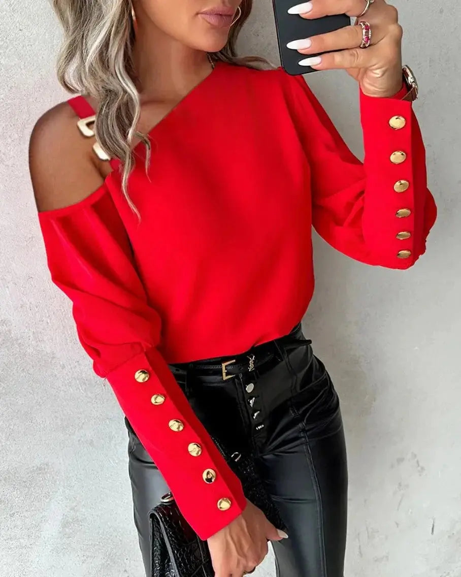 Fashion Lantern Sleeve Button Splicing Shirt Women Elegant Office Commuter O Neck Blouse Female Autumn Spring Daily Casual Tops-0