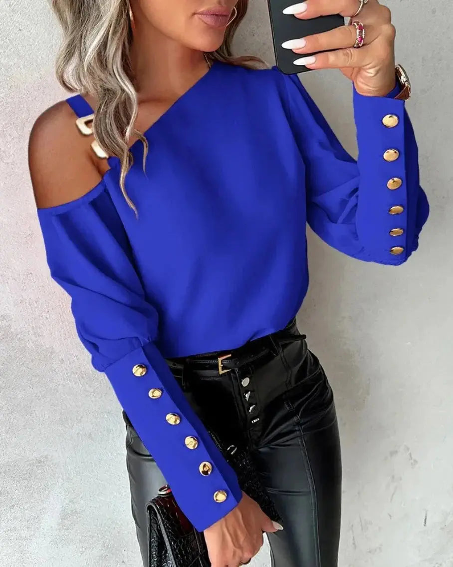 Fashion Lantern Sleeve Button Splicing Shirt Women Elegant Office Commuter O Neck Blouse Female Autumn Spring Daily Casual Tops-3