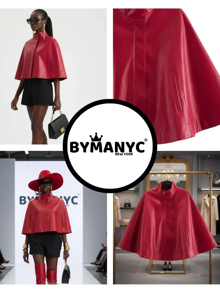 Red Leather-Style Short Cape Jacket For Women, Greenwich Village, BYMANYC New York.-1
