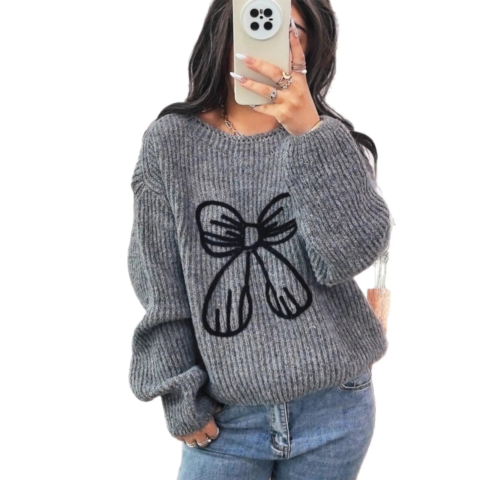 Simple Casual Bow Embroidery Decoration Knitted Long Sleeve Sweater-2