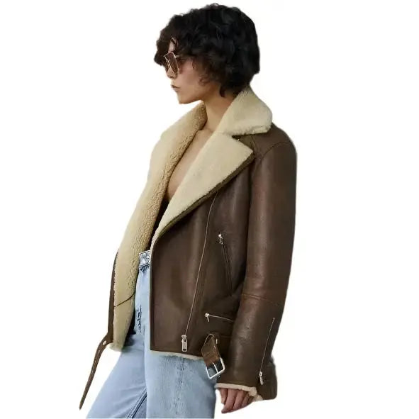 Women's Brown Sheepskin Shearling Aviator Jacket-2