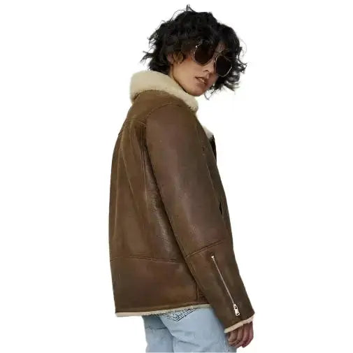 Women's Brown Sheepskin Shearling Aviator Jacket-3