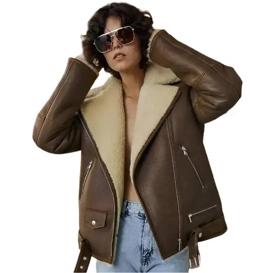 Women's Brown Sheepskin Shearling Aviator Jacket-0