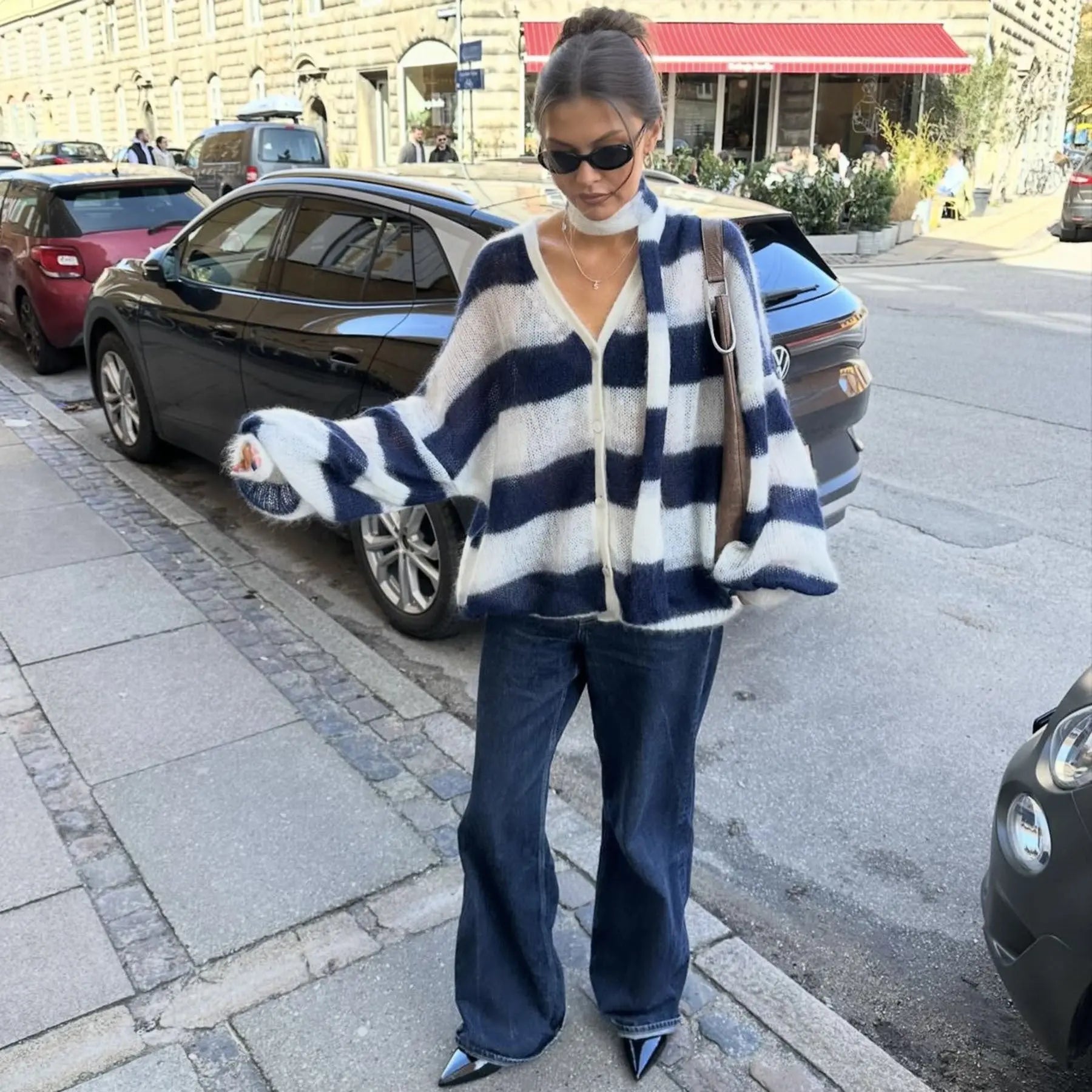 Loose And Idle Striped Sweater Cardigan With Scarf-1