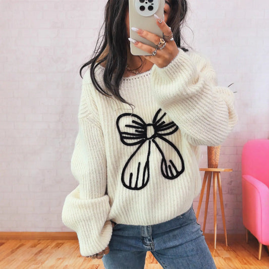 Simple Casual Bow Embroidery Decoration Knitted Long Sleeve Sweater-0