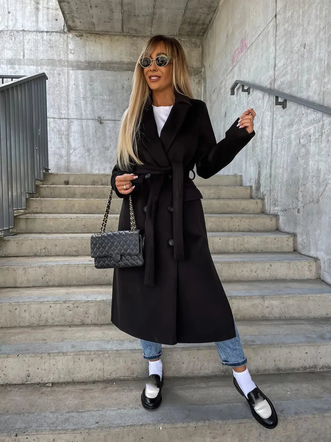 Double-breasted Lapel Split Jacket With Belt Winter Fashion Casual Long Sleeve Button Daily Coats For Women Clothing-5